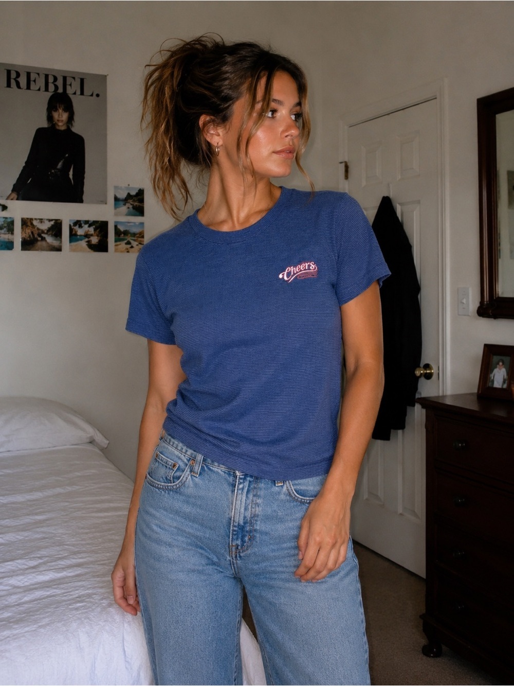 VTG Cheers Boston Striped T-Shirt Blue Thin Stripe Tee Medium